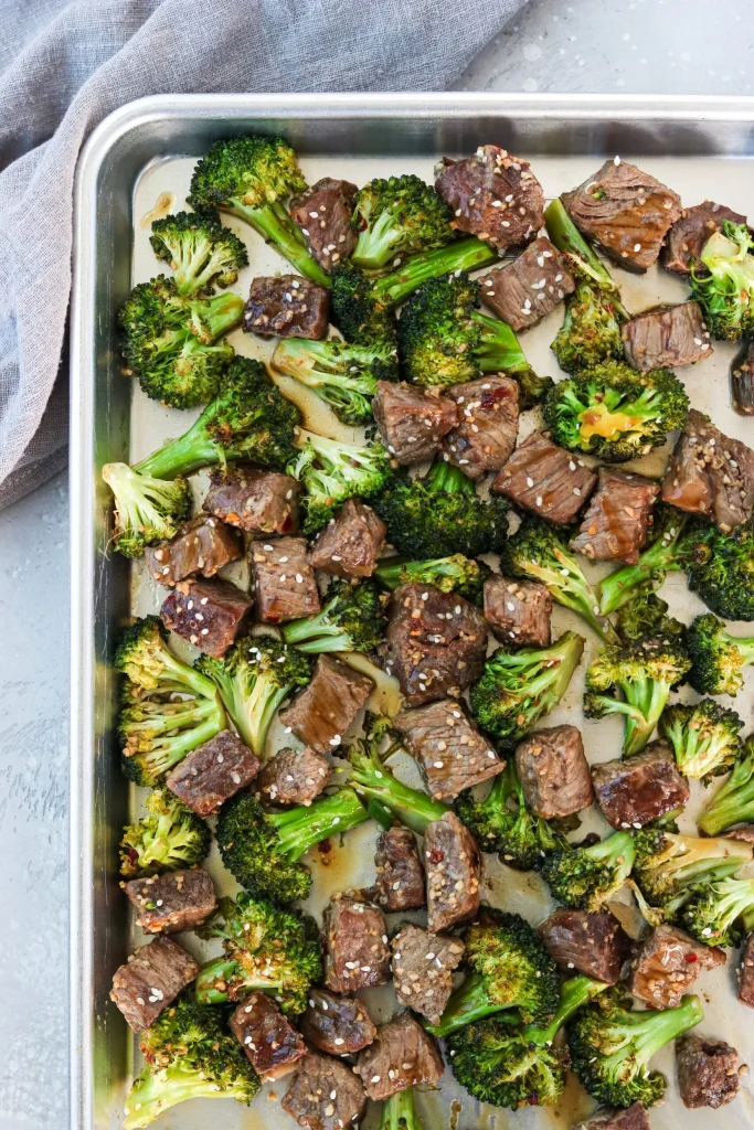 Sheet Pan Beef and Broccoli baked on a sheet pan