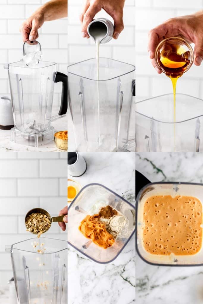 collage image of 6 process photos showing how to make a healthy pumpkin smoothie recipe