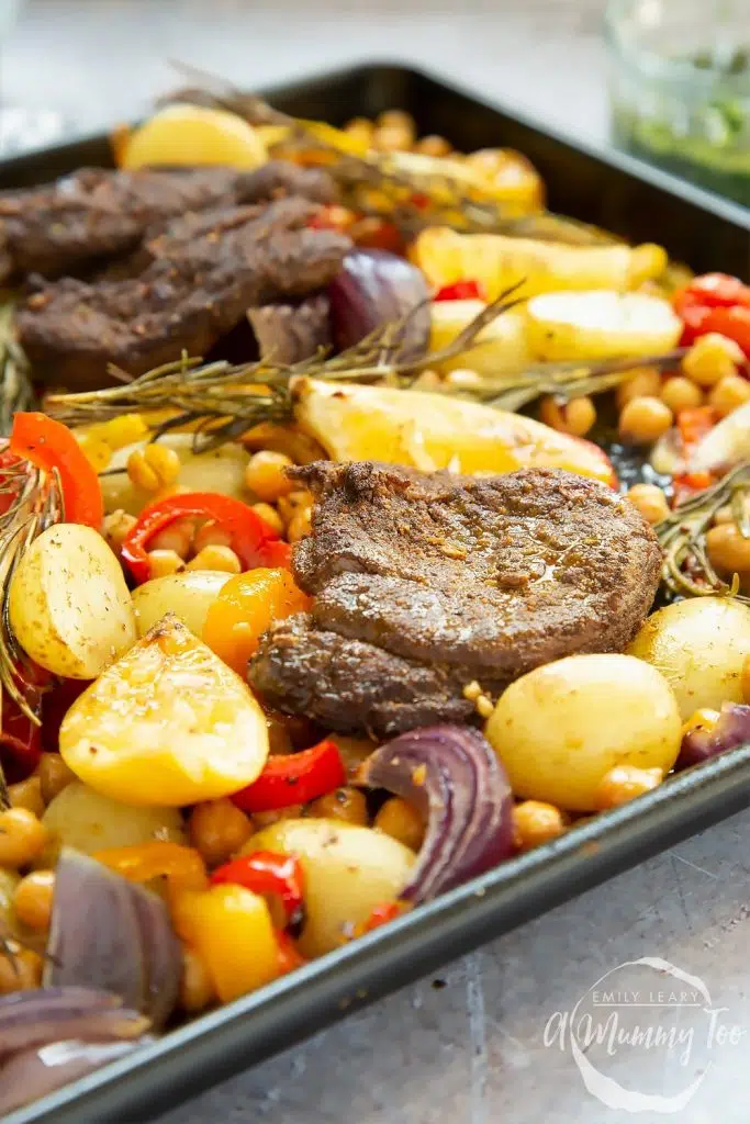 Succulent Lamb Steak And Vegetable Sheet Pan Meal baked on a sheet pan