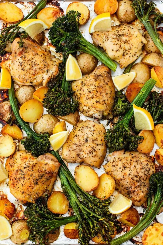 healthy sheet pan dinners - sheet pan chicken thighs with potatoes and broccolini