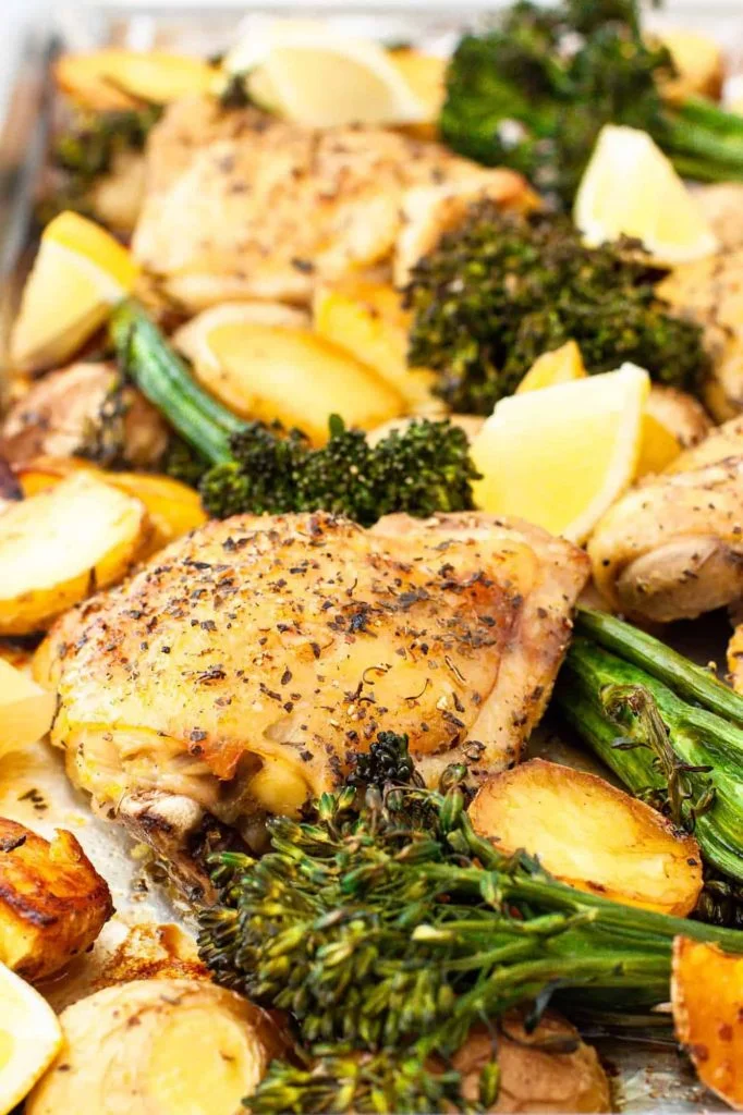 healthy sheet pan dinners - sheet pan chicken thighs with potatoes and broccolini