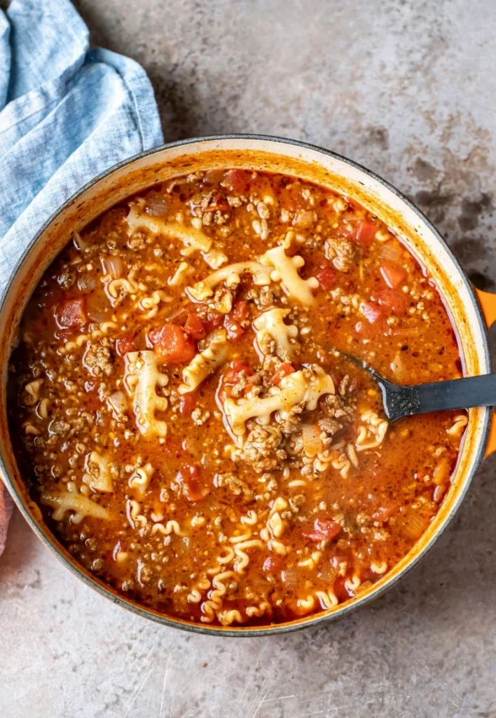 overhead shot of a pot of Lasagna Soup in a large white dutch oven