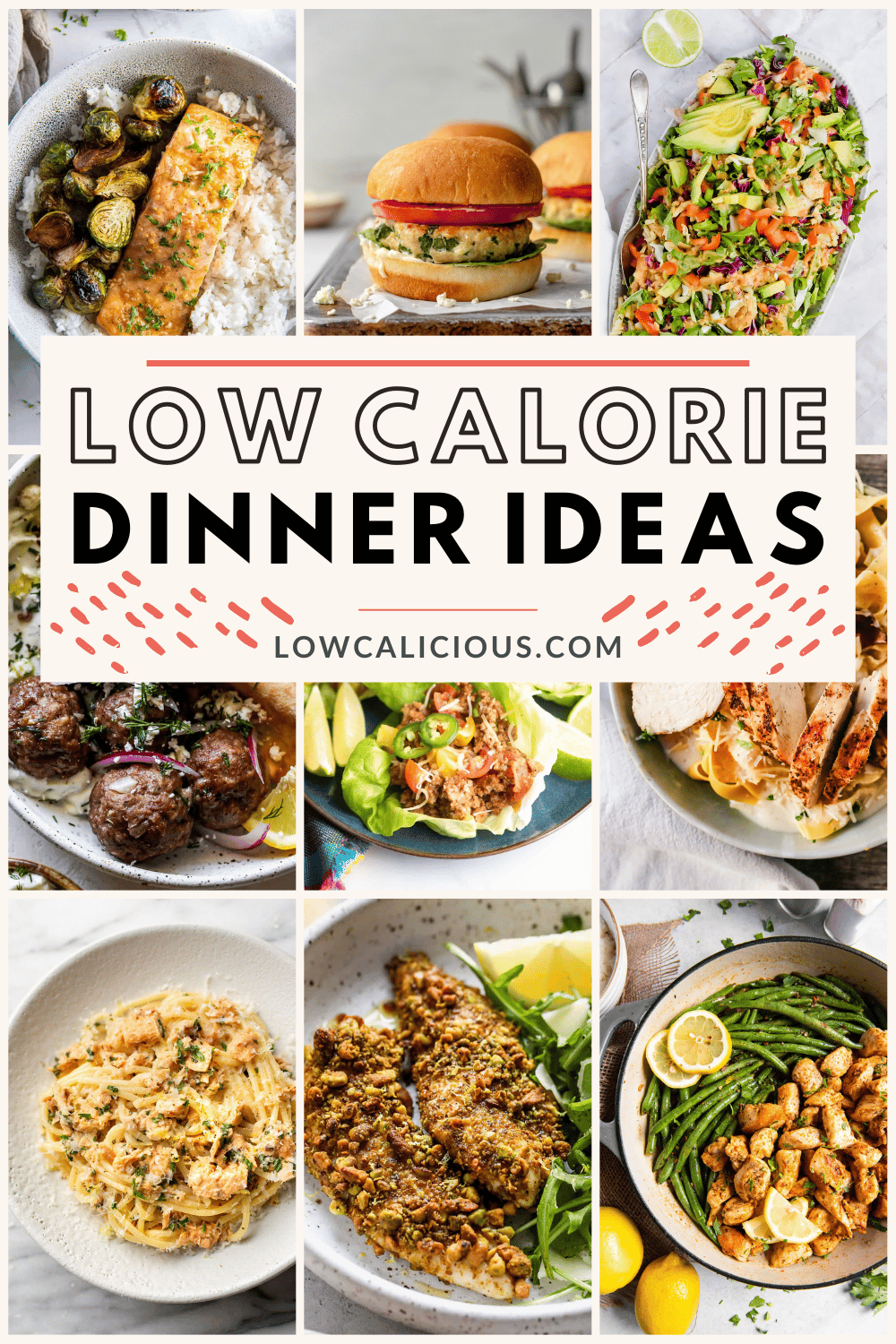 collage image of low calorie dinner ideas with text for Pinterest