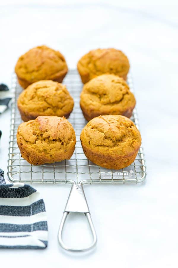 6 Low Calorie Pumpkin Muffins with Cake Mix on a small metal wire rack