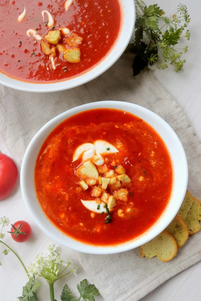 overhead shot of a bowl of Roasted Red Pepper Tomato Soup in a white bowl