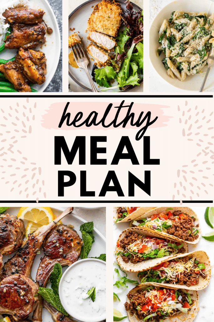 collage image with meals and text for Pinterest for the Healthy Weekly Meal Plan: April 3-9