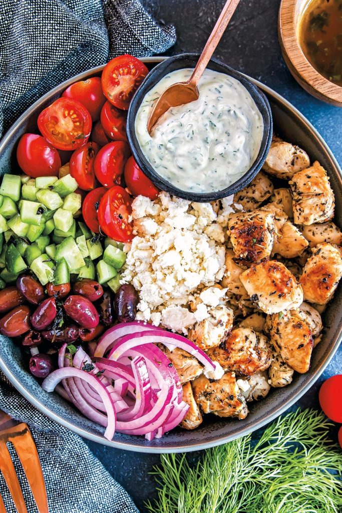 Keto Greek Chicken Bowls in a blue bowl - one of the recipes for this week's healthy meal plan