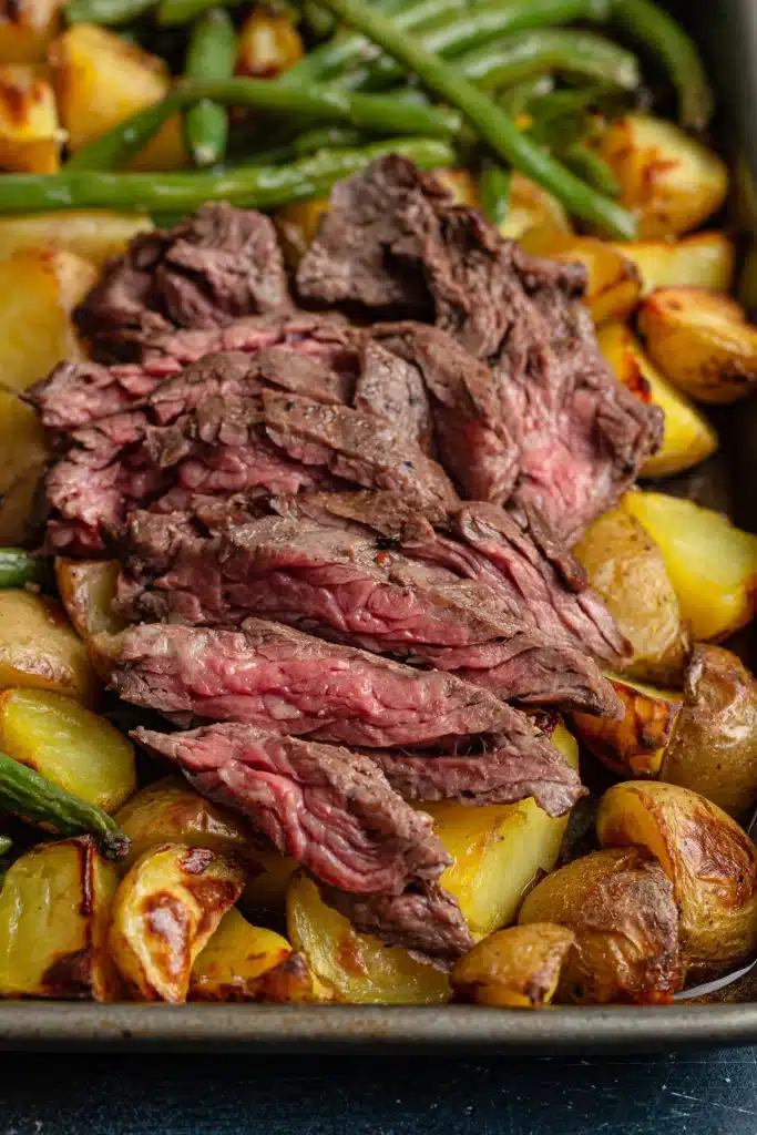 Sheet Pan Steak and Potatoes with green beans baked on a large sheet pan - one of the recipes from this week's healthy weekly meal plan