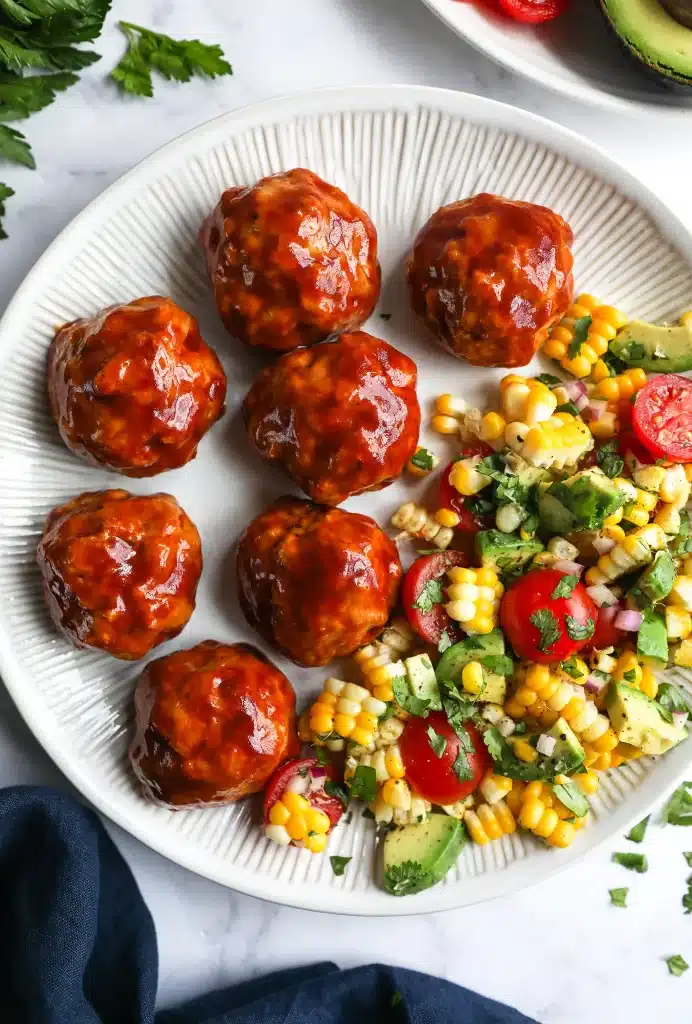 BBQ Turkey Meatballs on a white plate with corn salad - one of the recipes from this week's healthy weekly meal plan