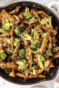 overhead shot of cooked healthy beef and broccoli in a skillet