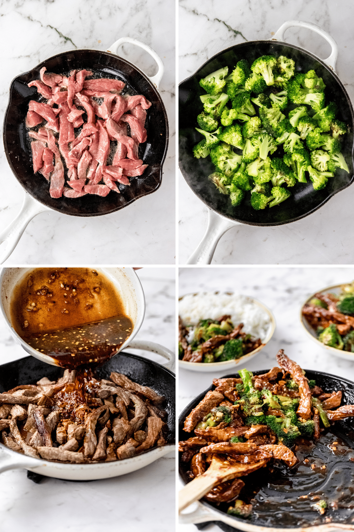 collage image of 4 photos showing the process steps to make a healthy beef and broccoli stir fry recipe