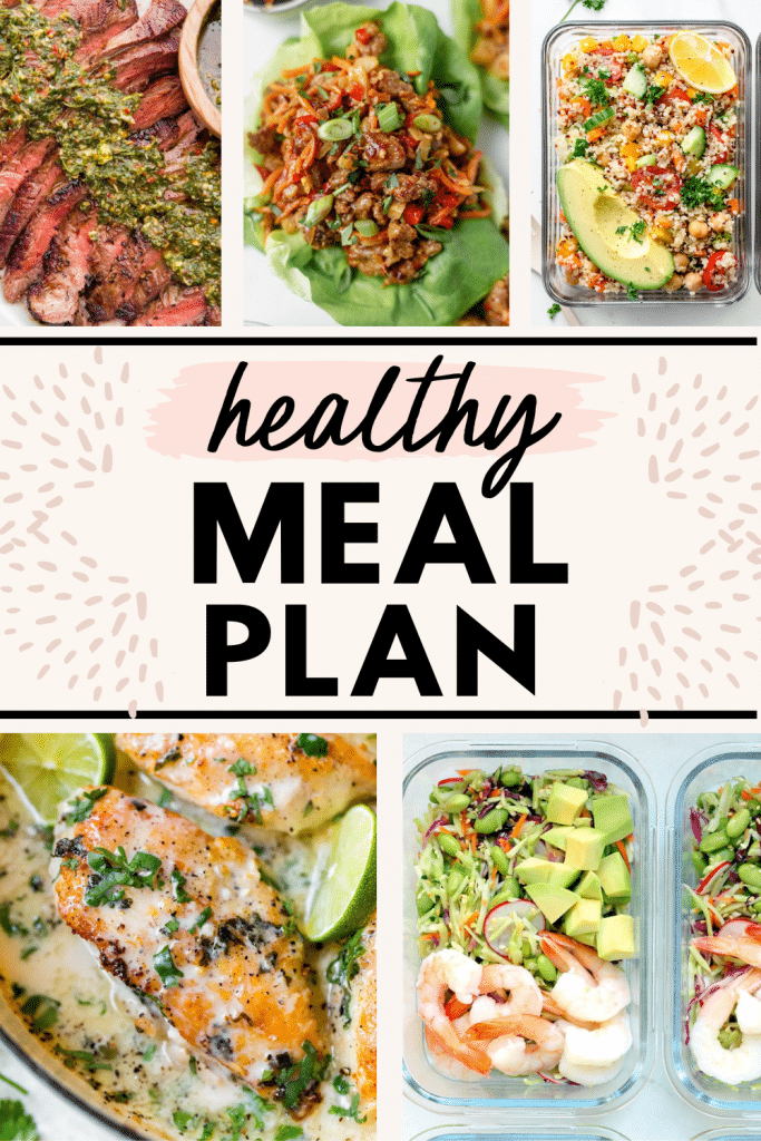 collage image of meals with text for Pinterest for the healthy weekly meal plan