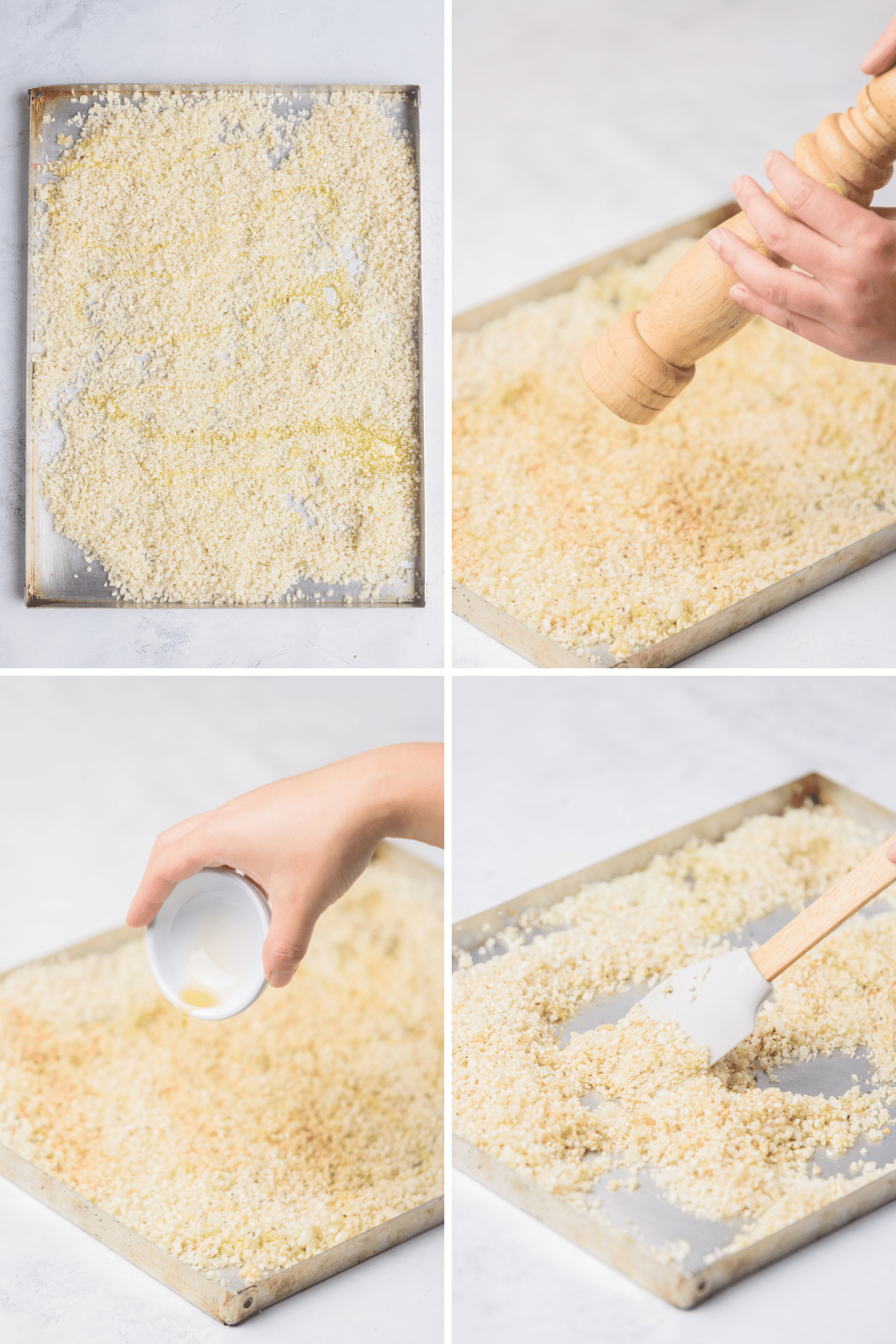 collage image of four photos to show the process steps for how to make roasted cauliflower rice