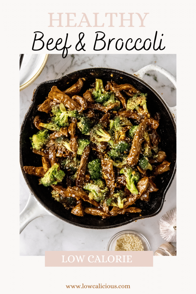 overhead shot of a prepared easy and healthy beef and broccoli stir fry recipe in a white enamel cast iron skillet with text for Pinterest