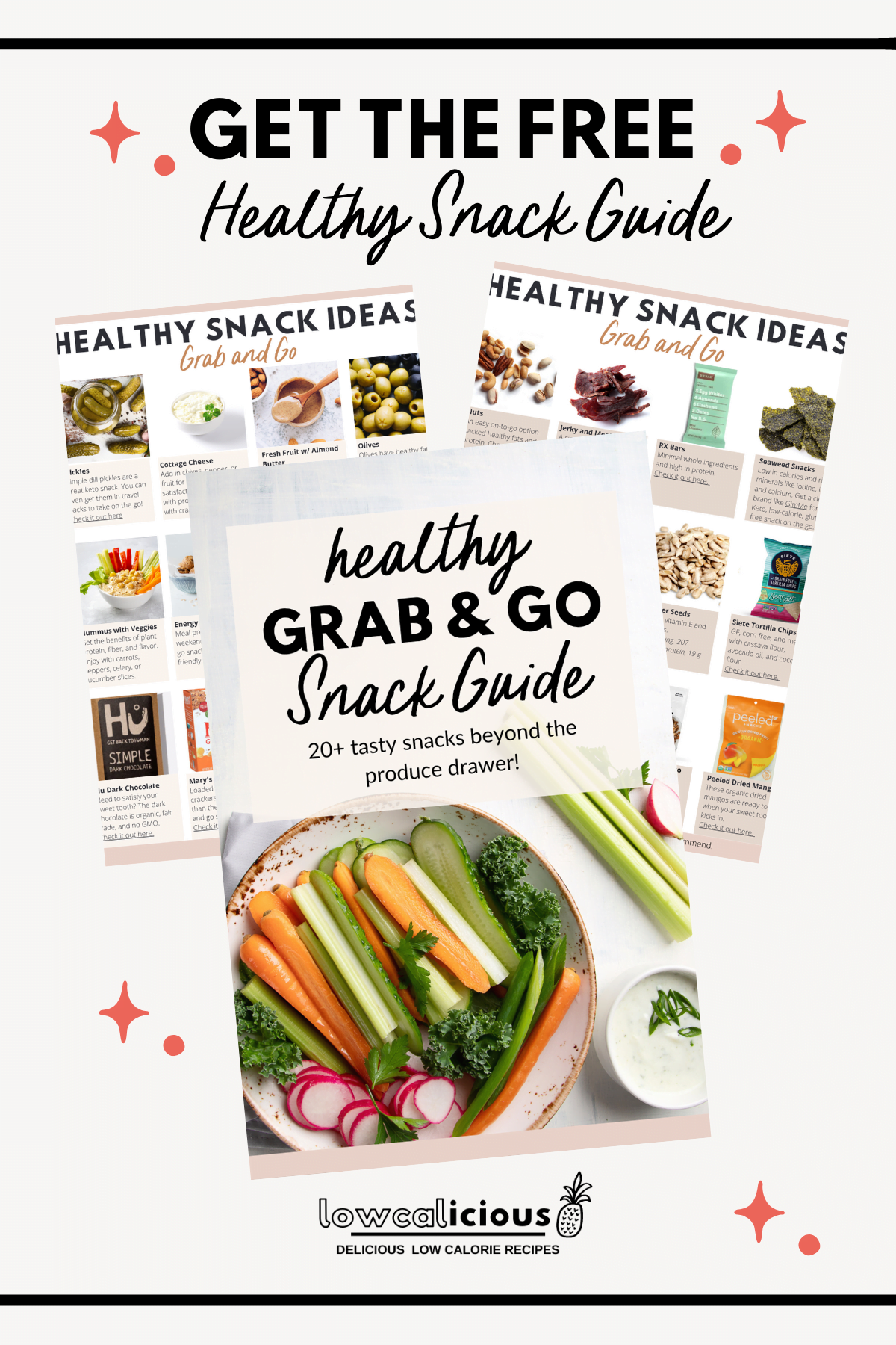 Image of 3 pdf pages for the Free Healthy Snack Guide email sign up form