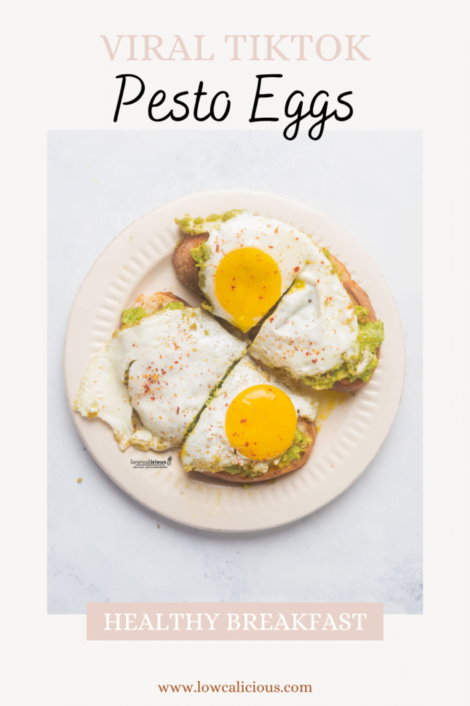 image of Easy Pesto Eggs (Viral TikTok Recipe) served on a round beige plate with text for Pinterest