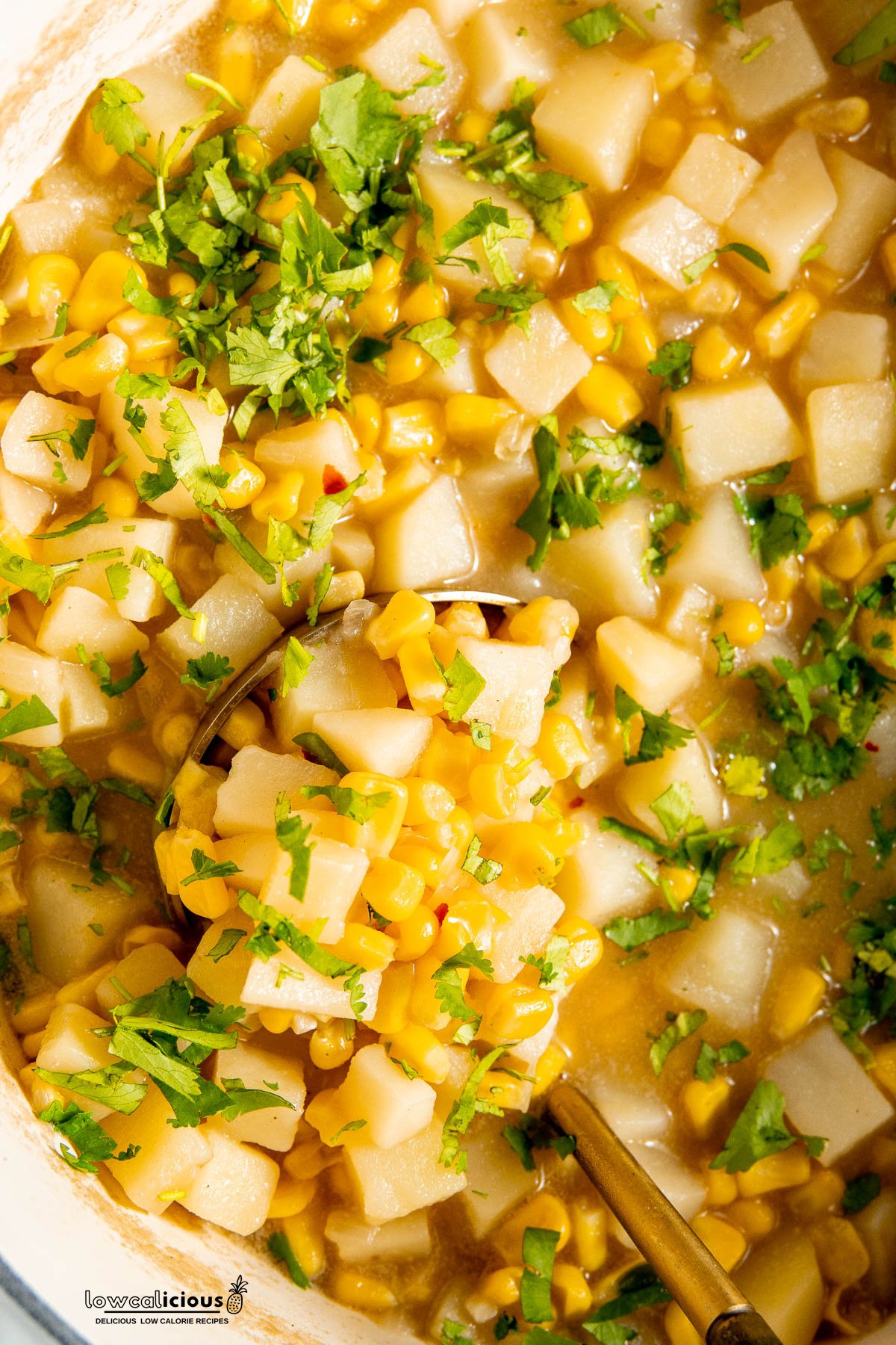 close up of a cooked Vegan Corn Chowder Recipe