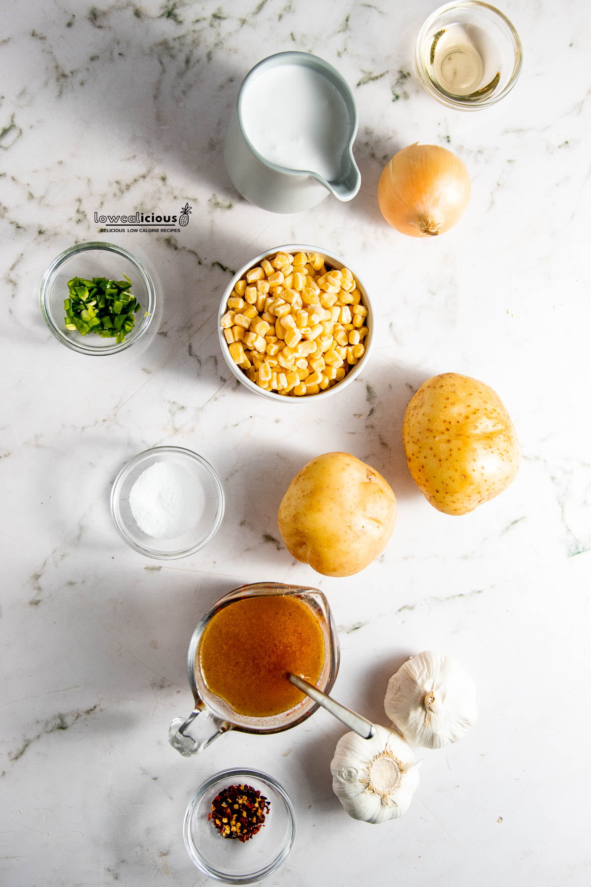 ingredients in individual bowls to make a vegan corn chowder recipe