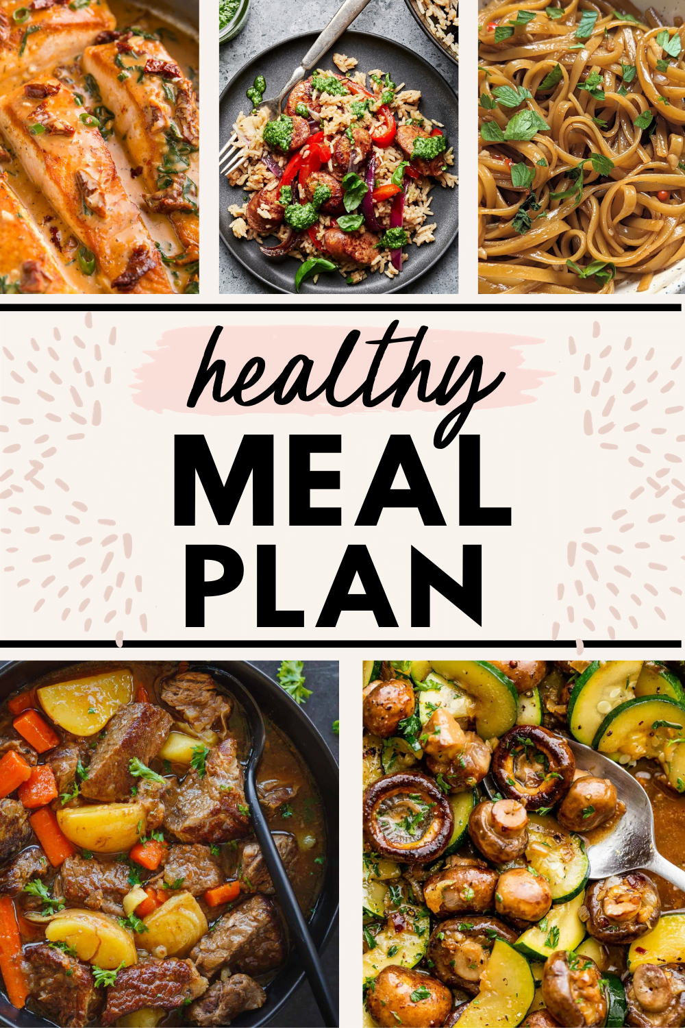 collage image of 5 healthy meals for the Free Healthy Weekly Meal Plan for October 9-15