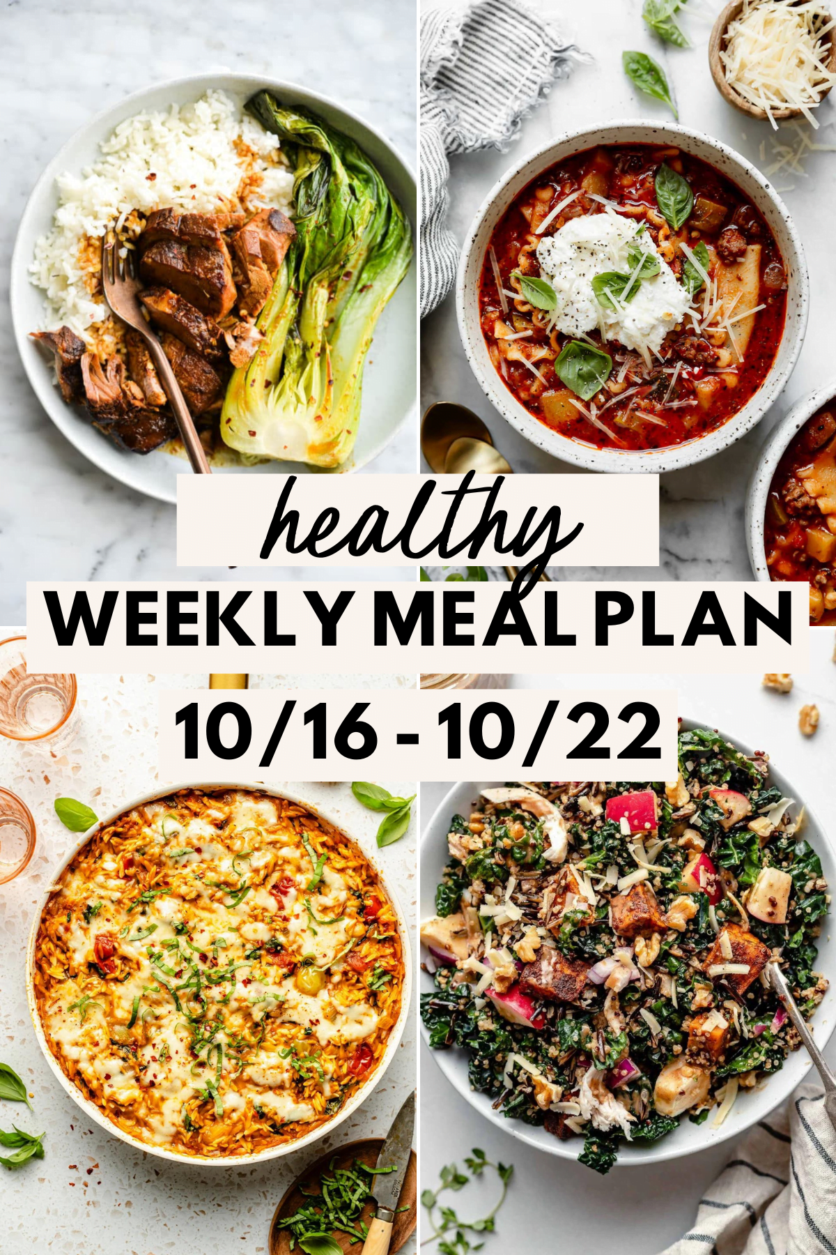 collage image with 4 healthy meals for this week's Healthy Weekly Meal Plan for October 16-22