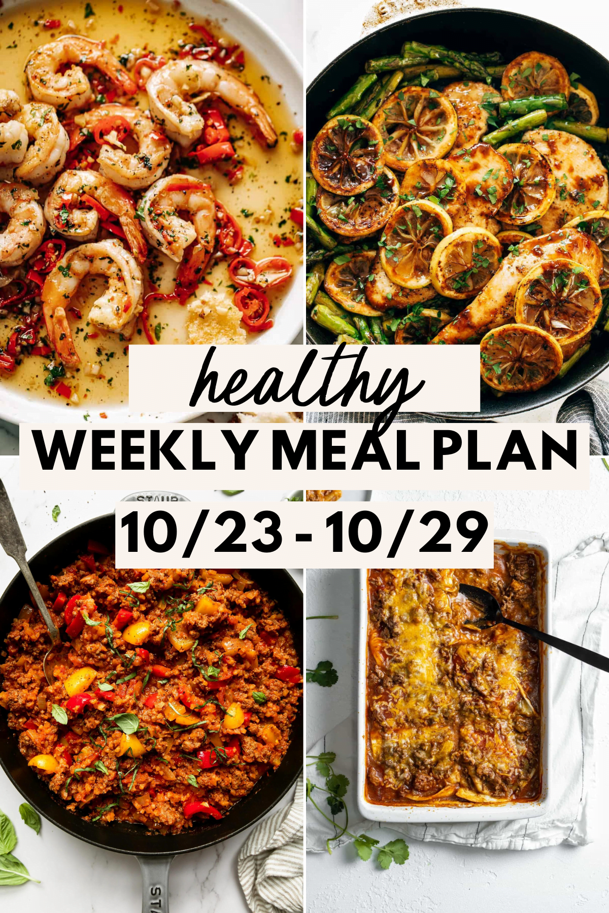 collage image of 4 healthy meals with text for Pinterest for the healthy weekly meal plan for October 23-29