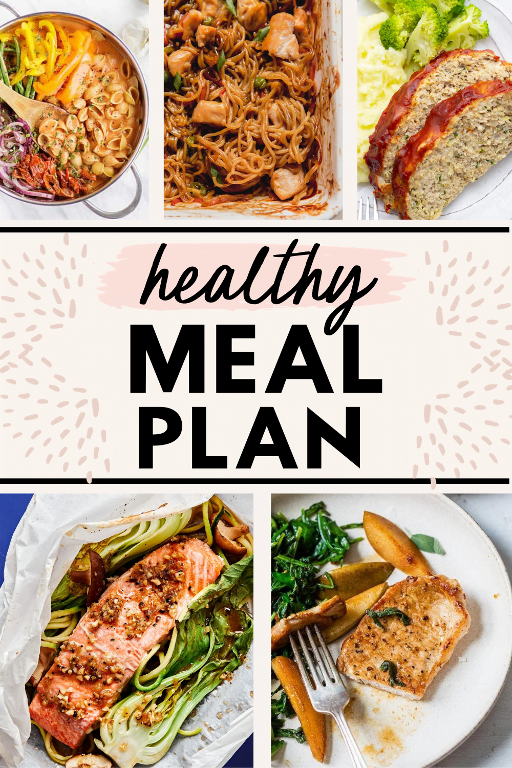 collage image of 5 healthy meals with text for Pinterest for the healthy weekly meal plan for November 6-12