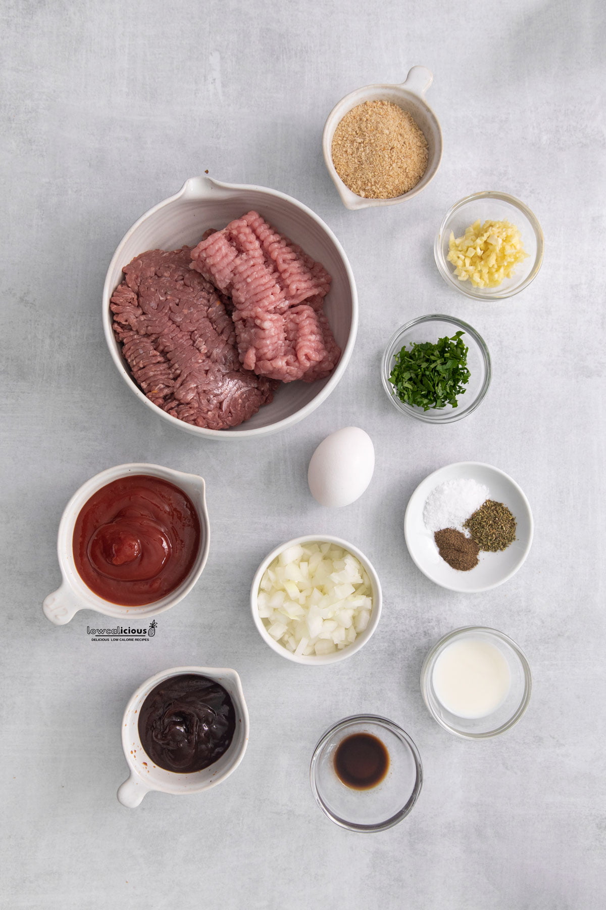 ingredients in individual bowls to make a healthy air fryer meatloaf.